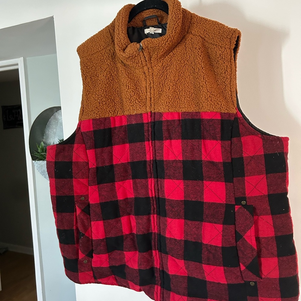 Maurices Red and Black Plaid Vest with Brown Sherpa 3x
